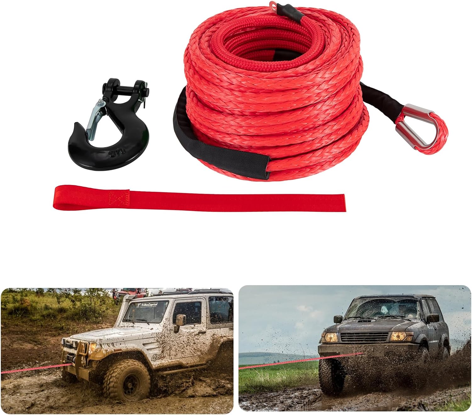 1/2"×85ft Synthetic Winch Rope with Hook Car Tow Recovery Cable Kit for ATV SUV