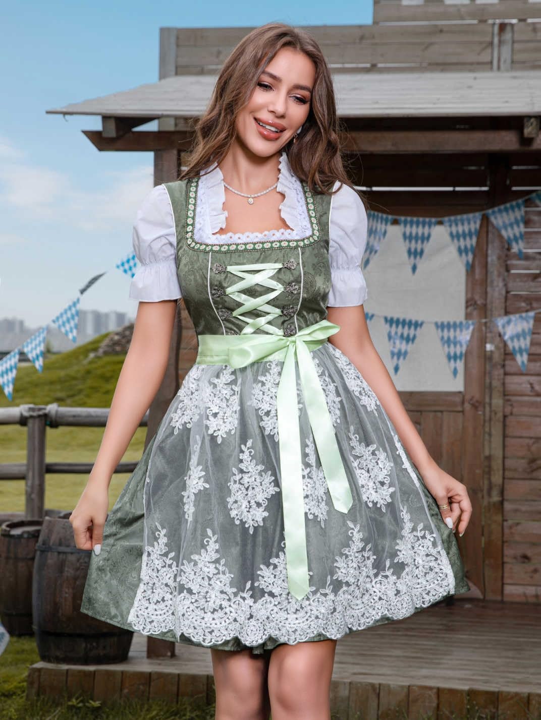 Abaowedding Dirndl Damen Midi Trachtenkleid Trachtenmode Trachtenrock 3 Teilig Dirndlkleid inkl. Spitzendirndlschürze Dunkelgrün Kleid und Bluse(L)