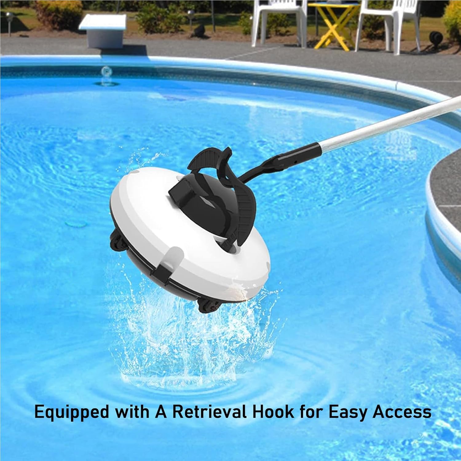 Person using a retrieval hook to lift the pool cleaner from the water