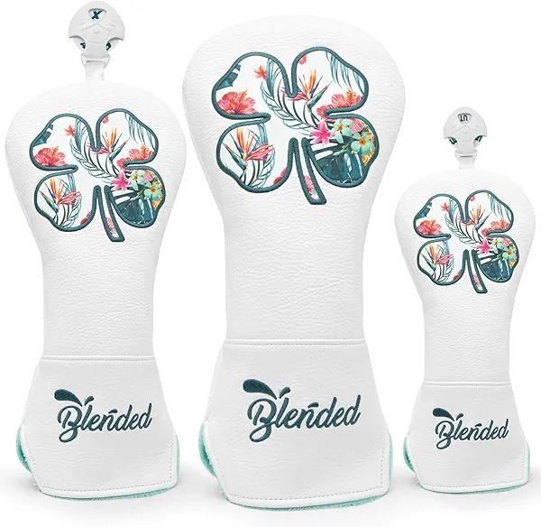 BAIRBRE Golf Club Covers White Lucky Clover Golf Head Covers Driver Covers Fariway Wood Headcover Hybrid Covers Leather Golf Headcover with Number Tag for All Brand