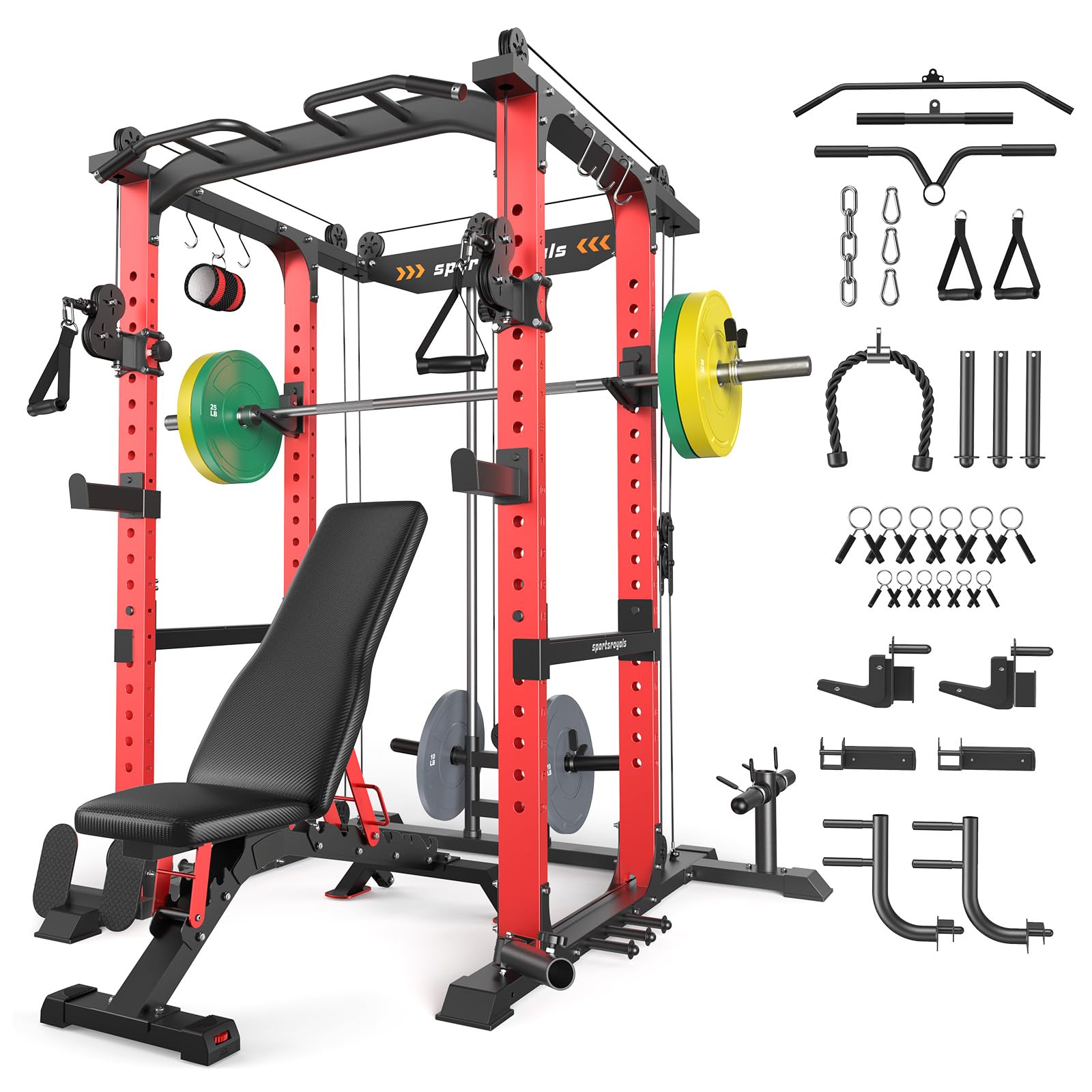 Sportsroyals Power Cage, 1600LBS Squat Rack with Cable Crossover System