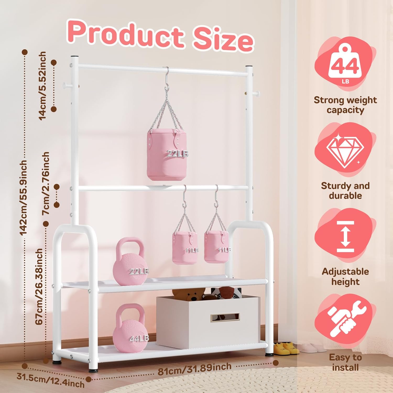 Kids Clothing Rack with 2-Layer Storage Shelf and 2 Adjustable Hanging Rods, Dress Up Rack for Hanging Clothes,Dress up Storage for Baby Toddle Kids(Classic, White)