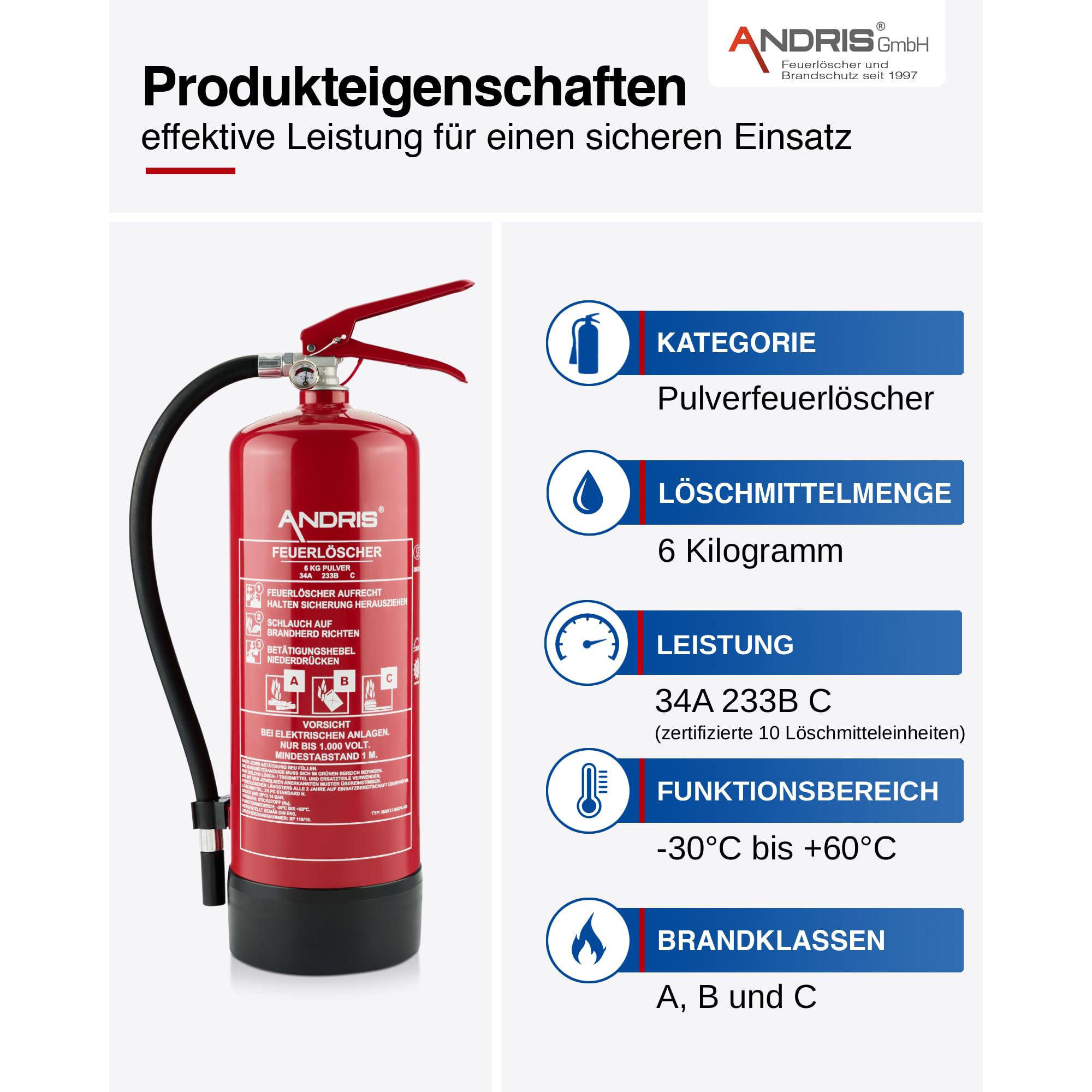 6kg ABC Pulver orig. ANDRIS® Feuerlöscher mit Halterung, Prüfnachweis + ISO Symbolschild