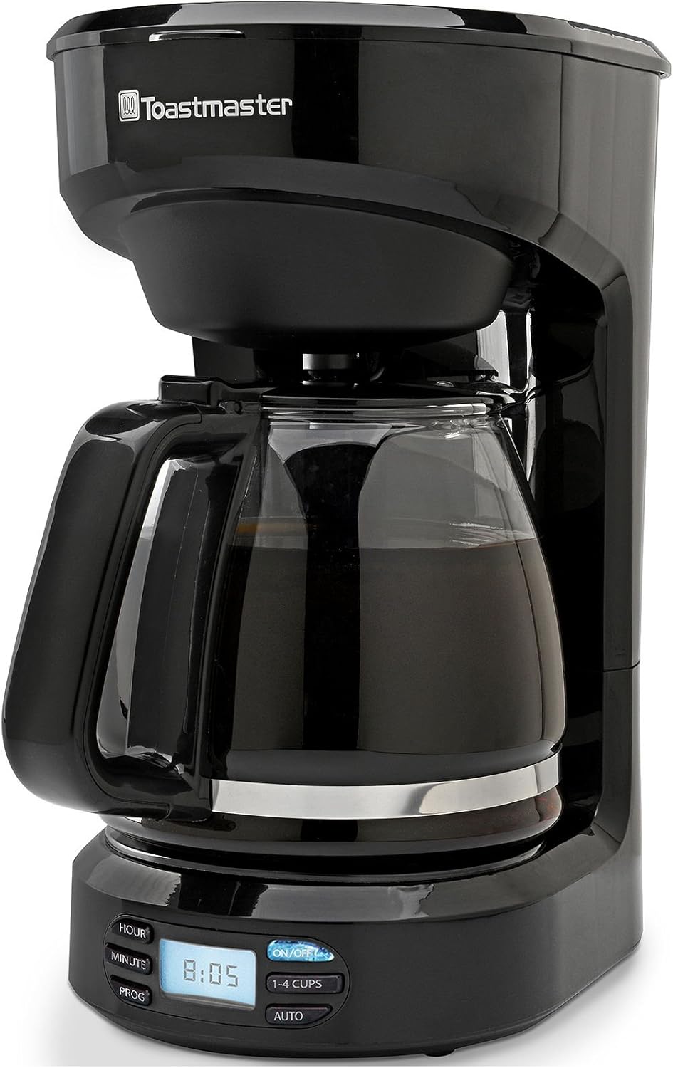 Toastmaster TM-121CM 12-Cup Digital Coffeemaker, front view med digitalt display, der viser 8:05