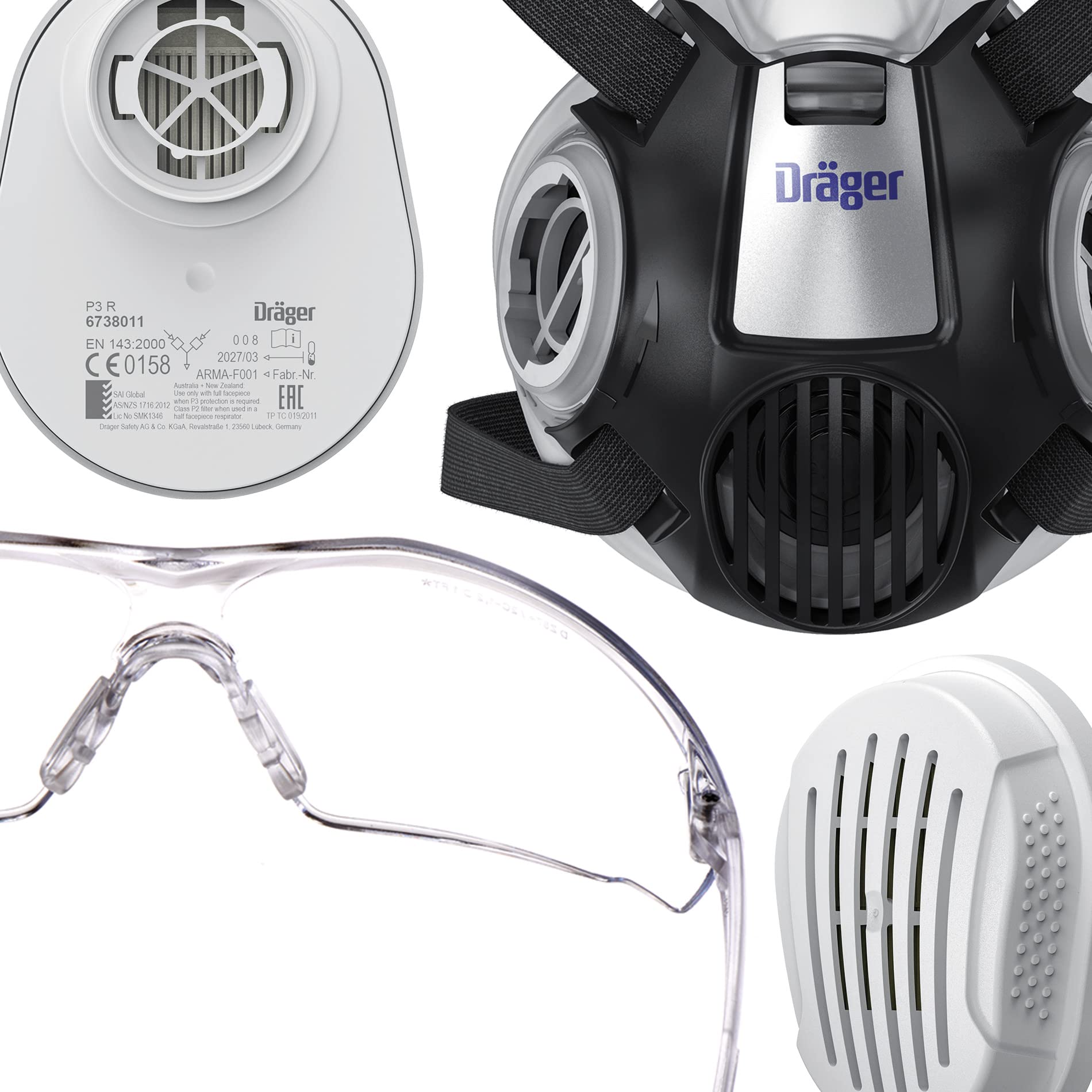 Dräger Juego de media máscara X-plore 3300 con filtro de partículas P3 R y gafas de protección X-pect 8320, para artesanos y aficionados al bricolaje contra polvo/partículas finas