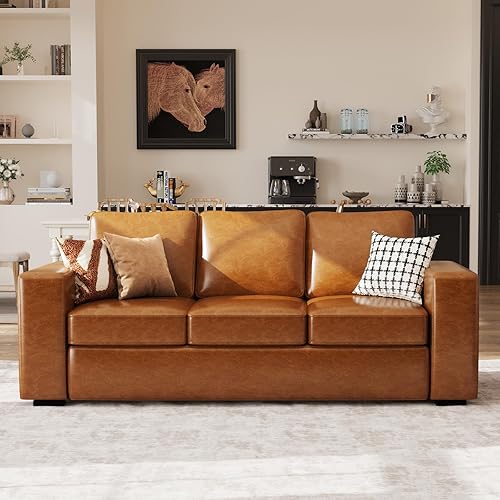 85" Sofa Couches for Living Room, Faux Leather Sofa, 3-Seater Comfy Modern Couch for Apartment Office,Brown