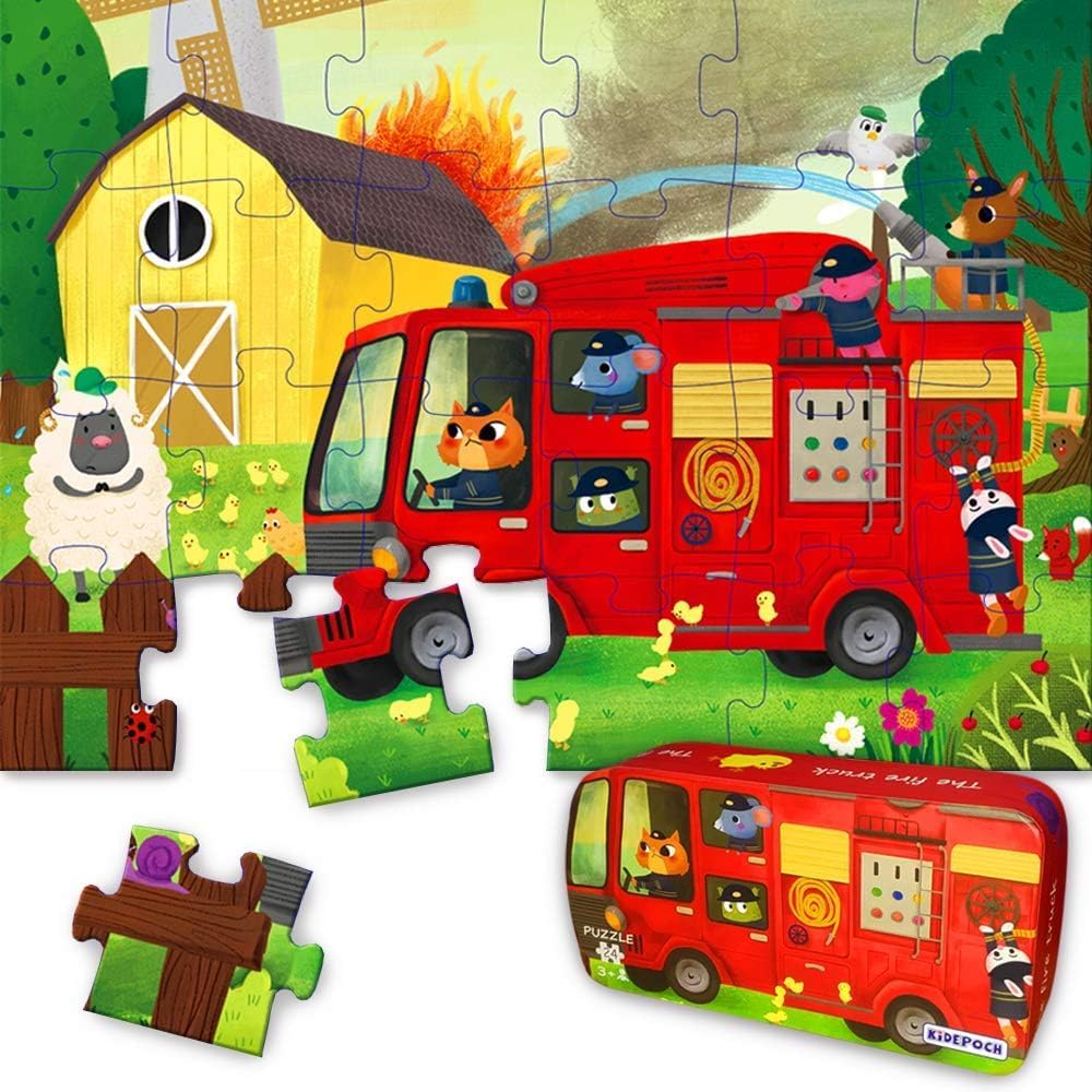 Puzzles for Kids Ages 12 Year Old 24 Pieces Large Fire Truck Kids Jigsaw Puzzles, Professional Preschool Toy Puzzles for Toddlers Boys and Girls –16”x12” with Storage Box