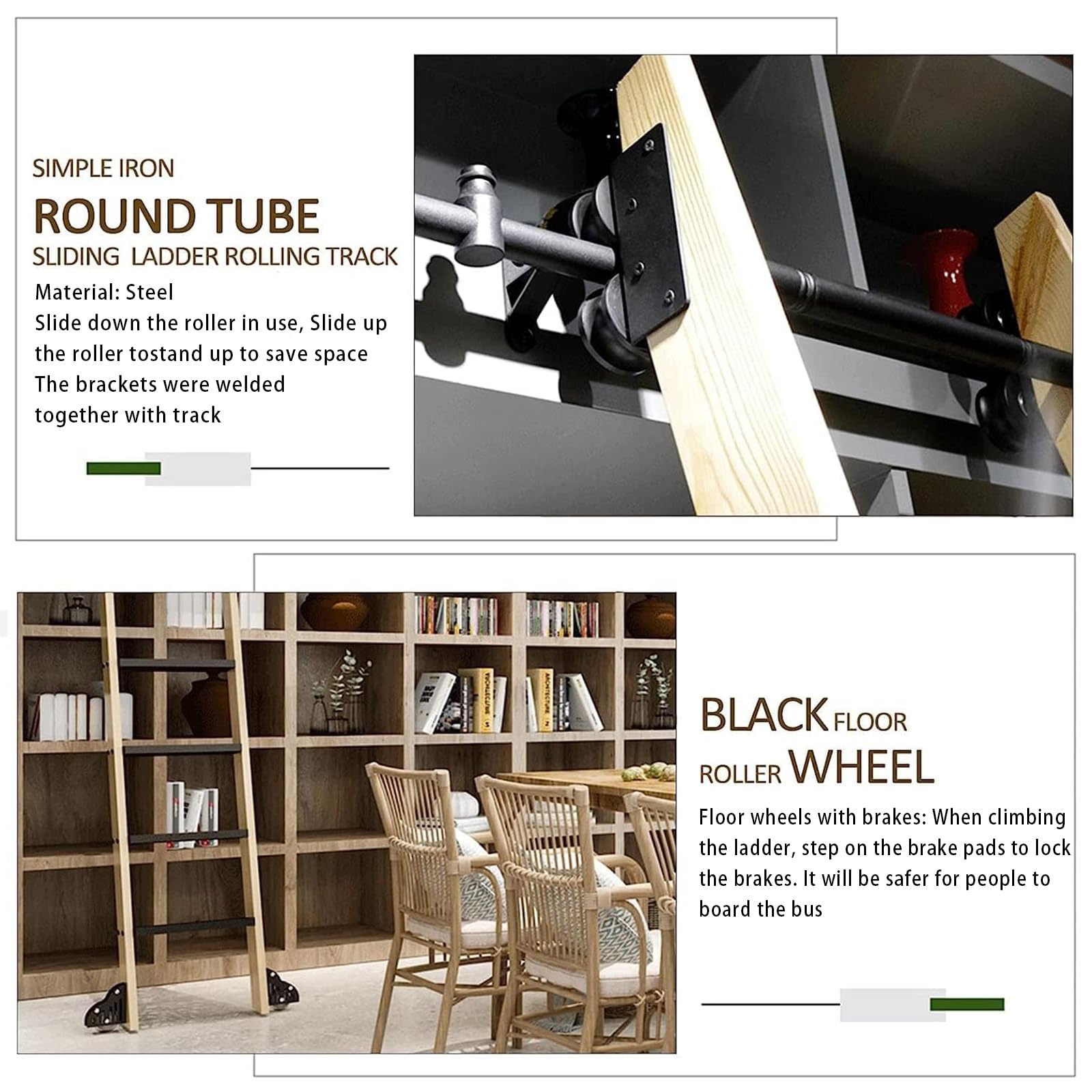 Rollbare Bibliotheksleiter Hardware Set, Einziehbares Rollen Bibliotheksleiter Schiene Mit Bodenrolle, Schwarze Runde Metallstahlrohrschiene Für Loft/Bibliothek (Ohne Leiter) (10ft/3m Track Kit)