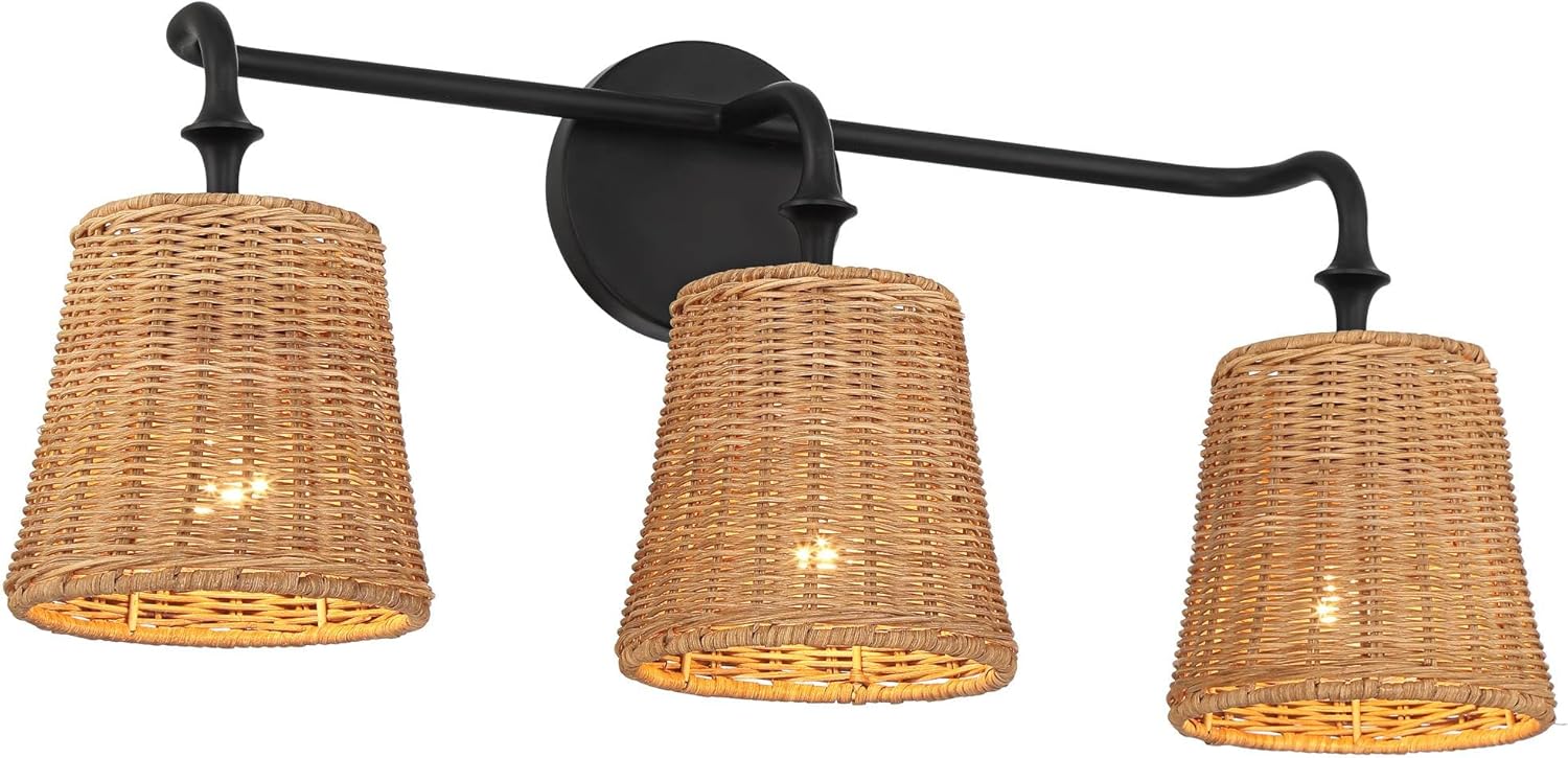 360 Lighting Keanu Farmhouse Rustic Cottage Wall Light Matte Black Hardwire 23 1/4" 3-Light Fixture Natural Rattan Shade for Bedroom Bathroom Bedside Vanity Living Room Mirror Hallway Dining