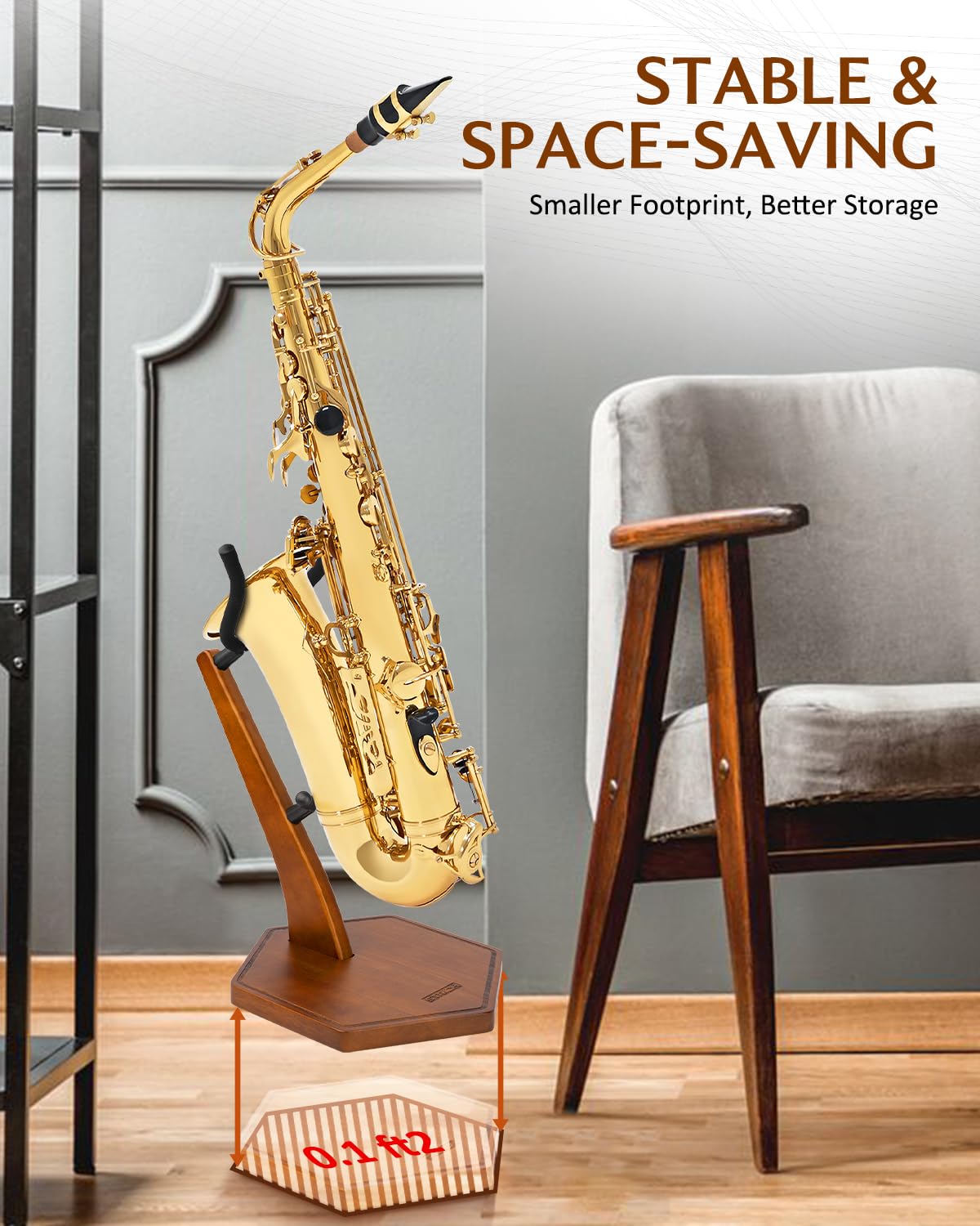 STRICH Soporte de madera para saxofón, alto/tenor, hecho a mano, de madera maciza, color nogal, base pesada pesada (FH-4, saxo)
