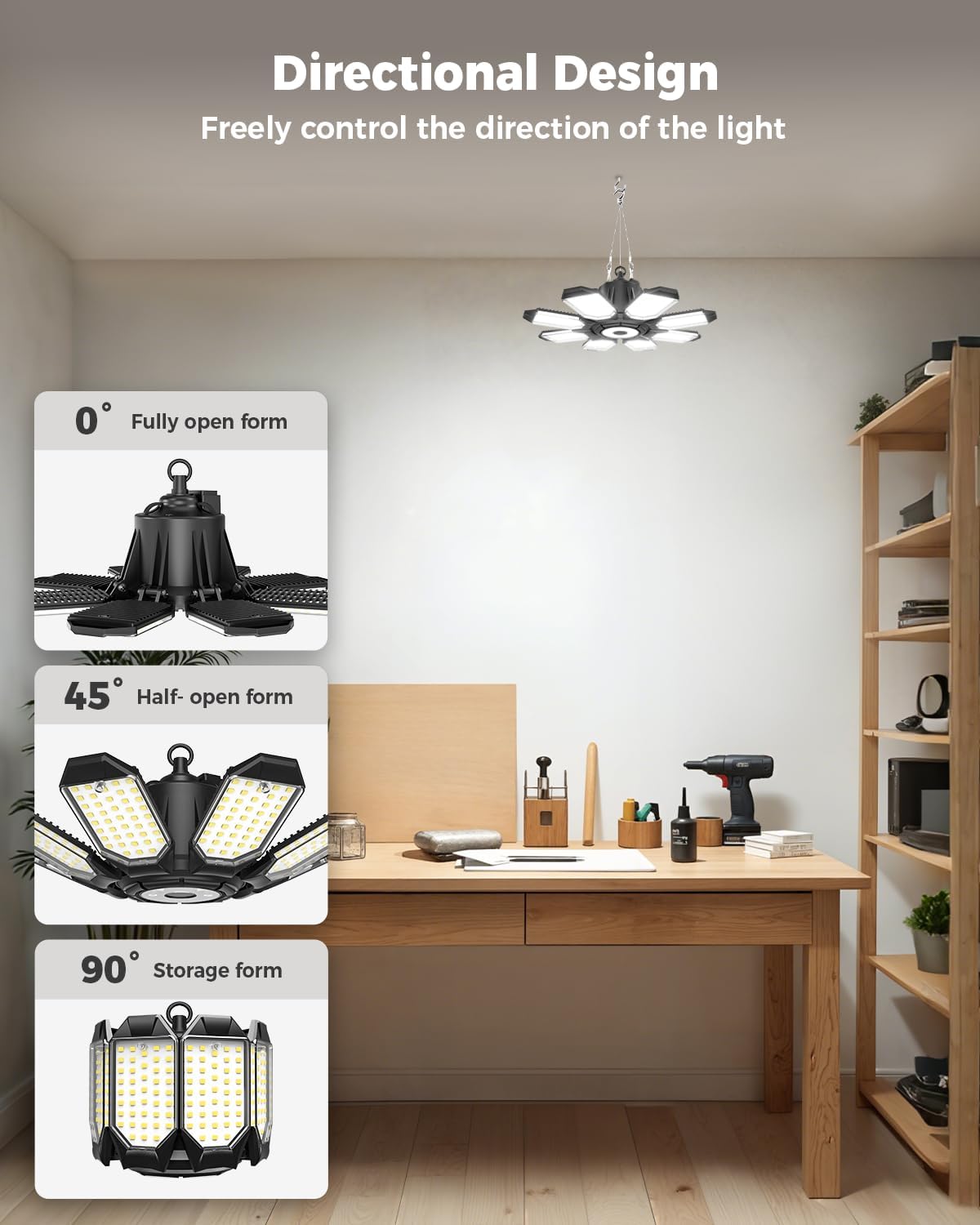 Plug in Garage Lights 4 Pack, 25000LM Linkable LED Shop Light with 9.84ft Power Cord and Switch, 8 Foldable Panels, 6500K Shop Lights for Garage, Workshop, Utility Room (Built-in Outlet)