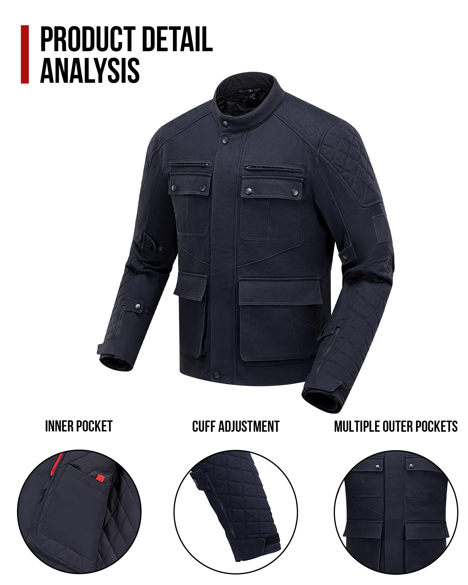IRON JIA'S Motorradjacke Herren alle Jahreszeiten mit CE-Panzerung, herausnehmbarem Futter Vintage-Schutzausrüstung für lässiges Motorradfahren Schwarz