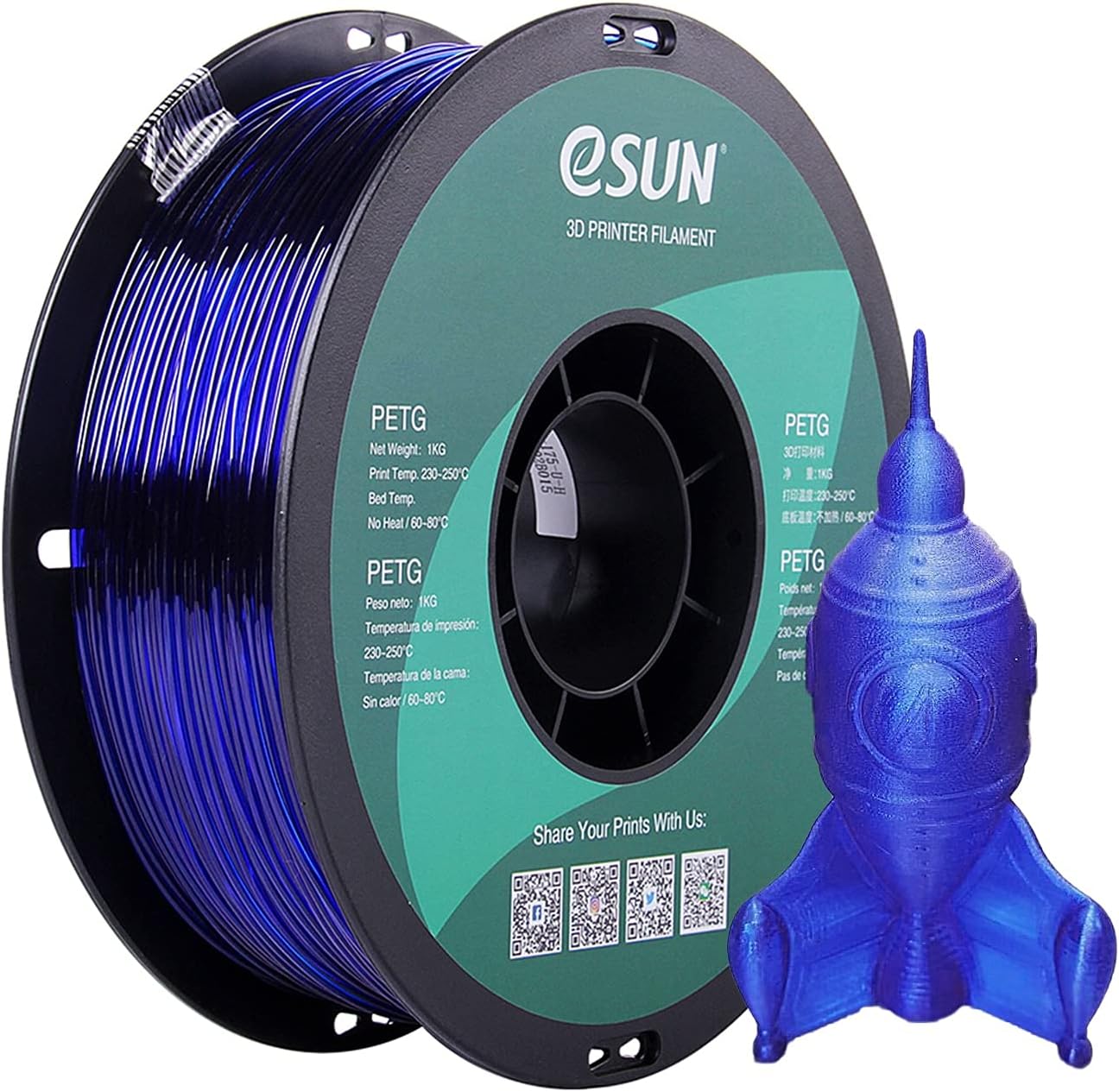 eSUN PETG Filament 1.75mm, 3D Printer Filament PETG, Dimensional Accuracy +/- 0.05mm, 1KG Spool (2.2 LBS) 3D Printing Filament for 3D Printers, Blue