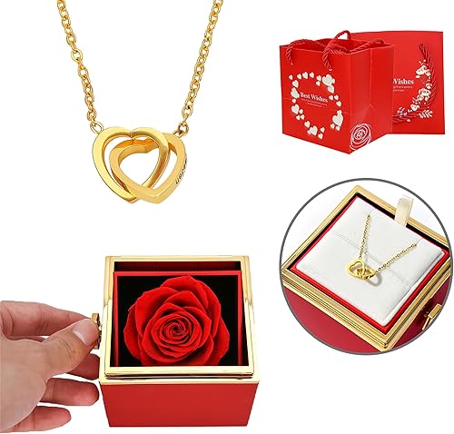 TINGKU Caja de regalo de rosa real eterna para mujer, rosa preservada con collar de corazón grabado personalizado, regalo romántico personalizado
