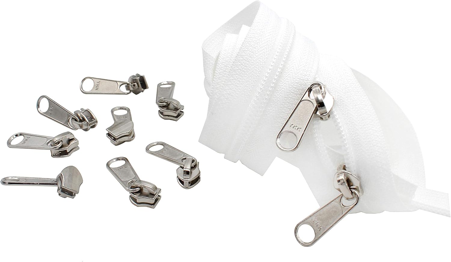 5 Yards of YKK #5 Nylon Coil Continuous Zipper Chain Color White + 10 Long Pull Aluminum Sliders