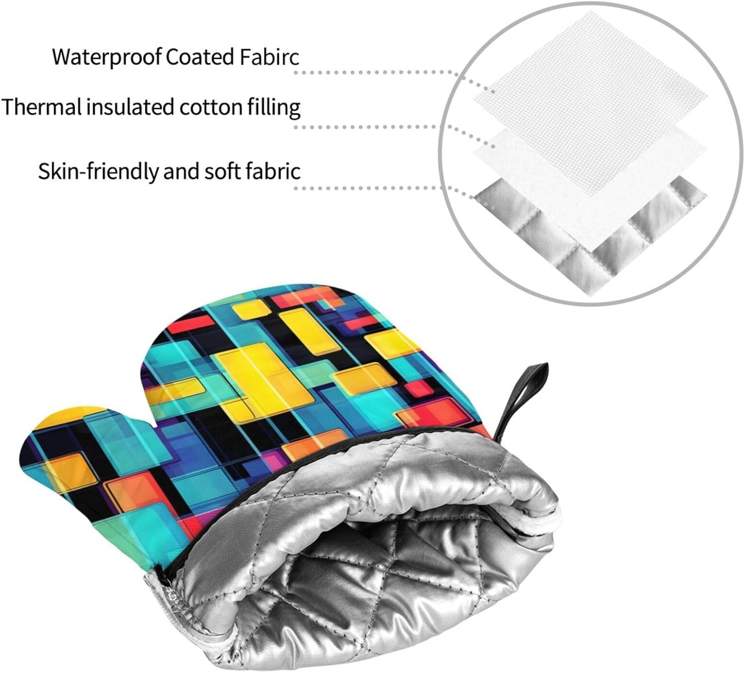 Square geometry diagram Oven gloves and heat-resistant mat 4-piece set. Suitable for grilling, microwave oven frying, and baking