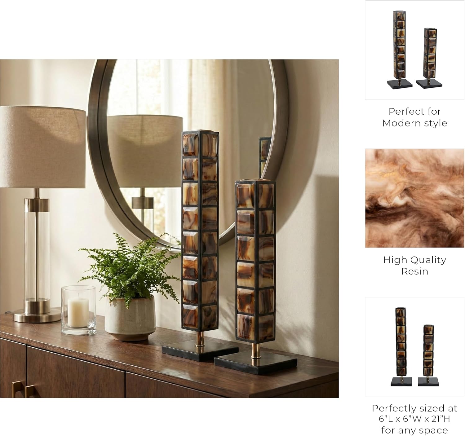 Rectangular Tower for Home and Bathroom Decor - Sculptures for Office Shelf, Living Room, and Coffee Table - Modern Resin and Metal Decorative Objects for Mantel - Set of 2, 21", 16", Black & Tan