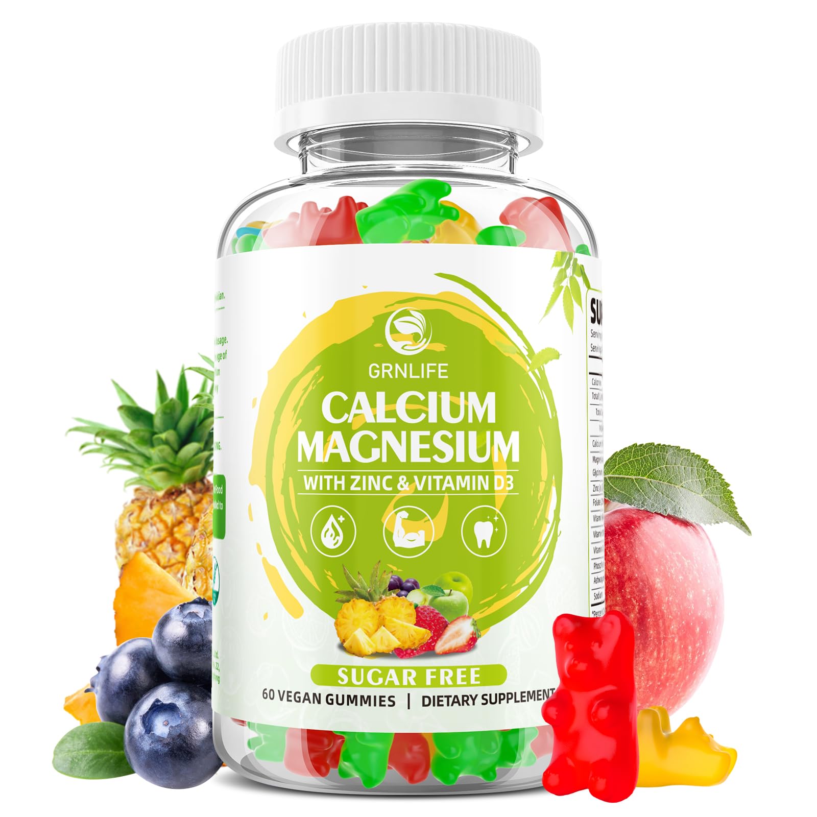 Calcium Magnesium Zinc Supplement with Vitamin D3, Sugar Free Calcium Gummies for Women Men, High Potency Magnesium Gummies for Bone & Muscle & Immune Health, Mixed Flavors - 60 Count Mixed Fruit 60 Count (Pack of 1)