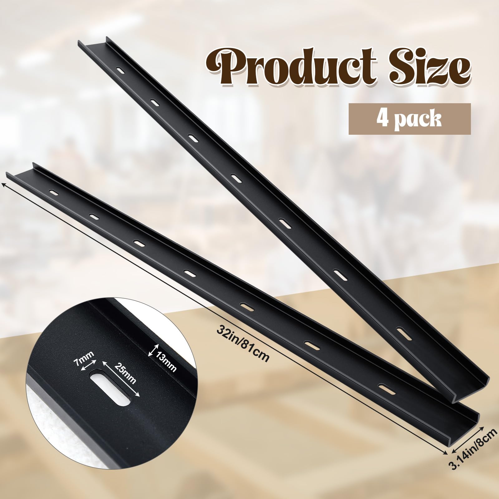 Blulu C Channel Steel Support Metal Support Bracing Hidden C Bracket for Table Top Live Edge Slab Woodworking, Black Coat Finish, 7 Holes (4 Pcs,32 Inch)