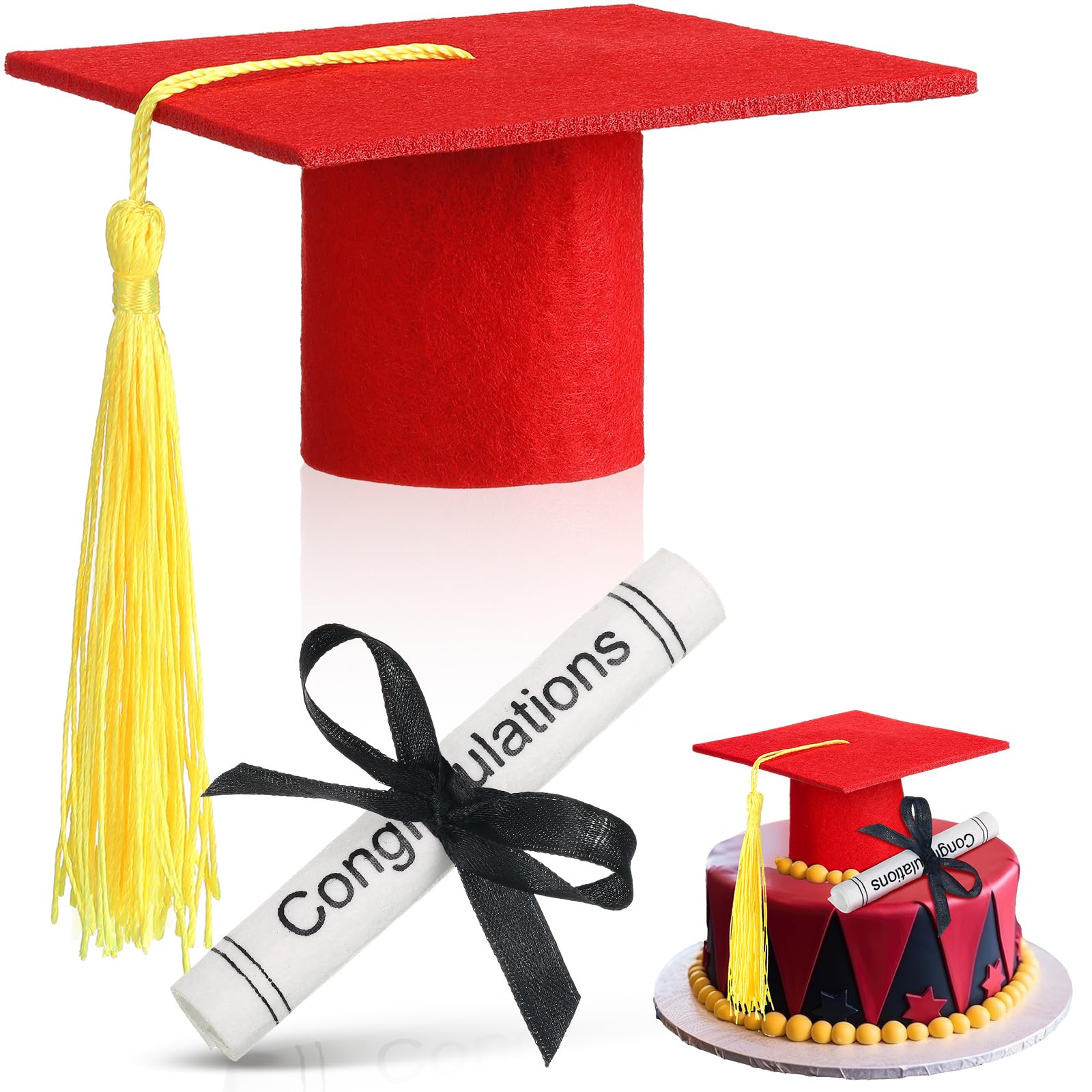 Geelin 2 Pcs Small Graduation Cap and Diploma Cake Topper 2026 Graduation Party Cake Decorations Supplies(Red)