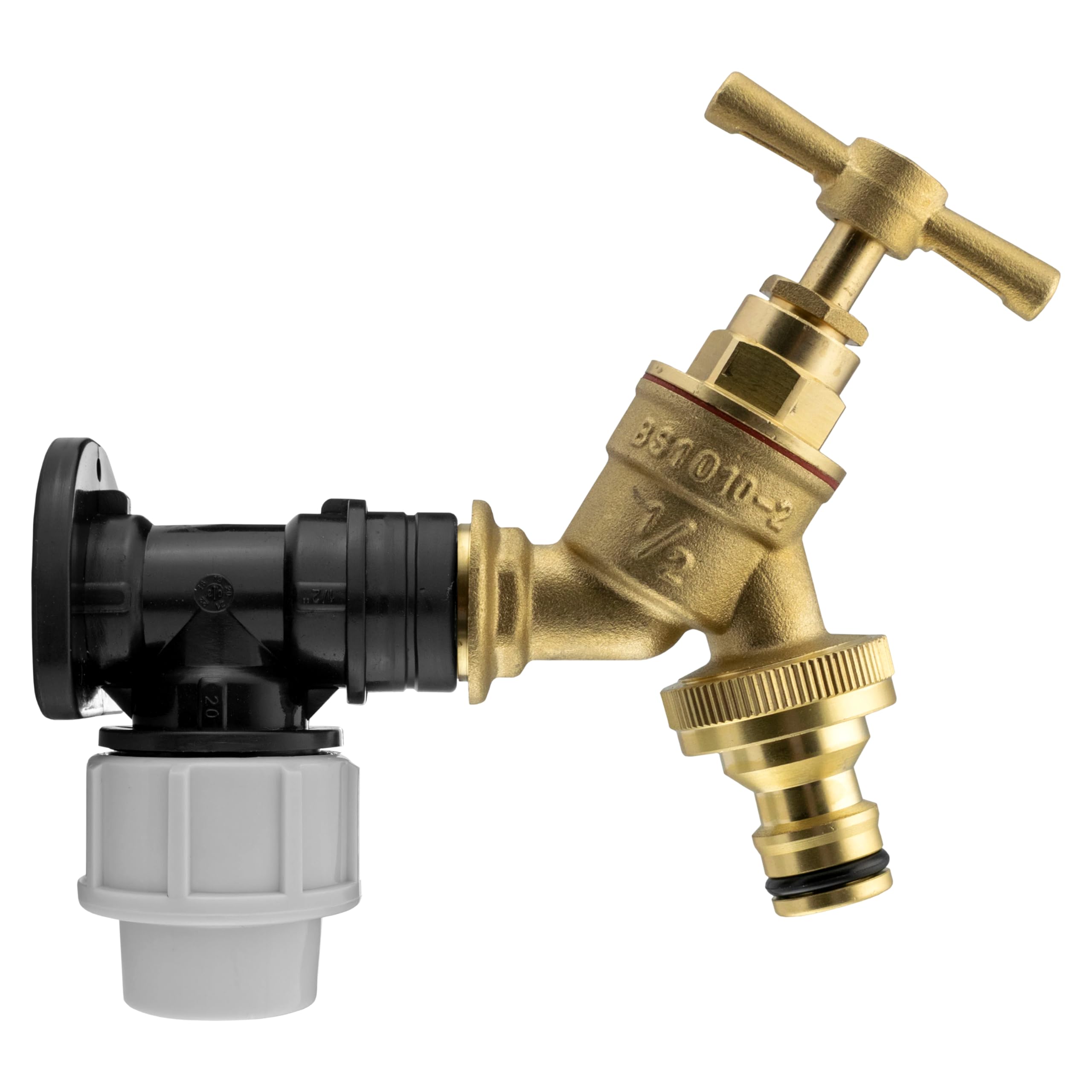 Soladirect Multi 20Mm Mdpe Wall Flange Kit - Wall Plate Elbow With 1/2" Brass Garden Tap & Hozelock Compatible Hose Connector - Easy To Install Water Hose Fitting For Garden, Backyard, Farmhouse, Irrigation, Watering