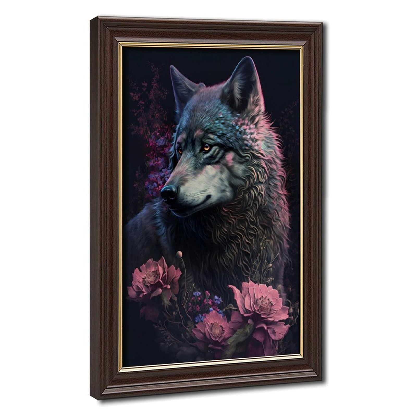 Bareronor Mokume Gane Frame-Style Black Wolf Floral Canvas Poster For Living Room Decor Gift