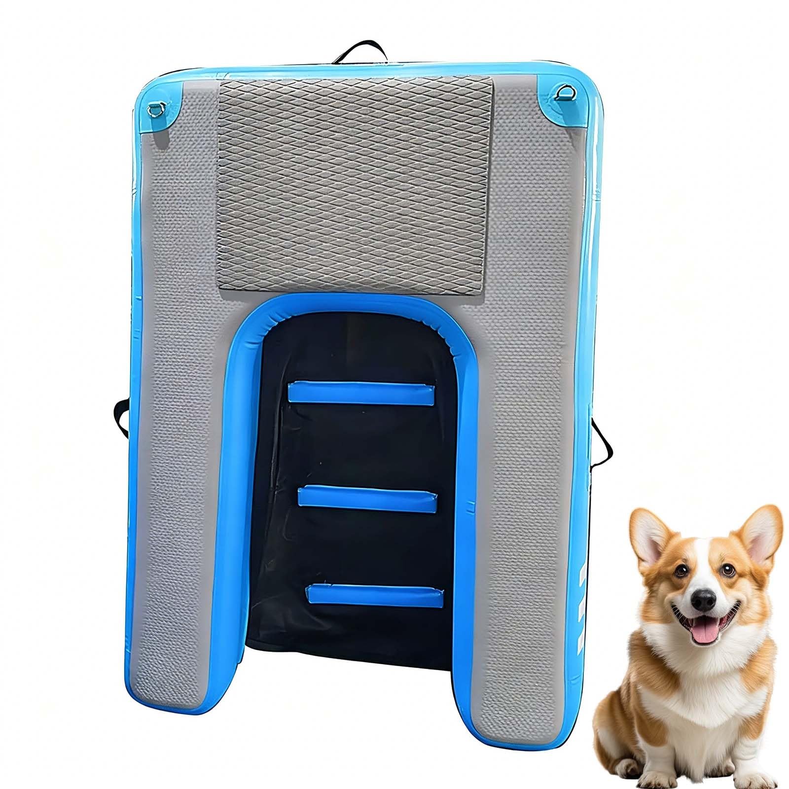Portable Dog Water Ramp, Foldable Dog Pool Ladder, 150×100×10cm, Max 80 Kg, Quick Inflation, High Density Trampoline Fabric, Non-slip EVA Surface, Air Pump, Storage Bag, For Beach(Blue)