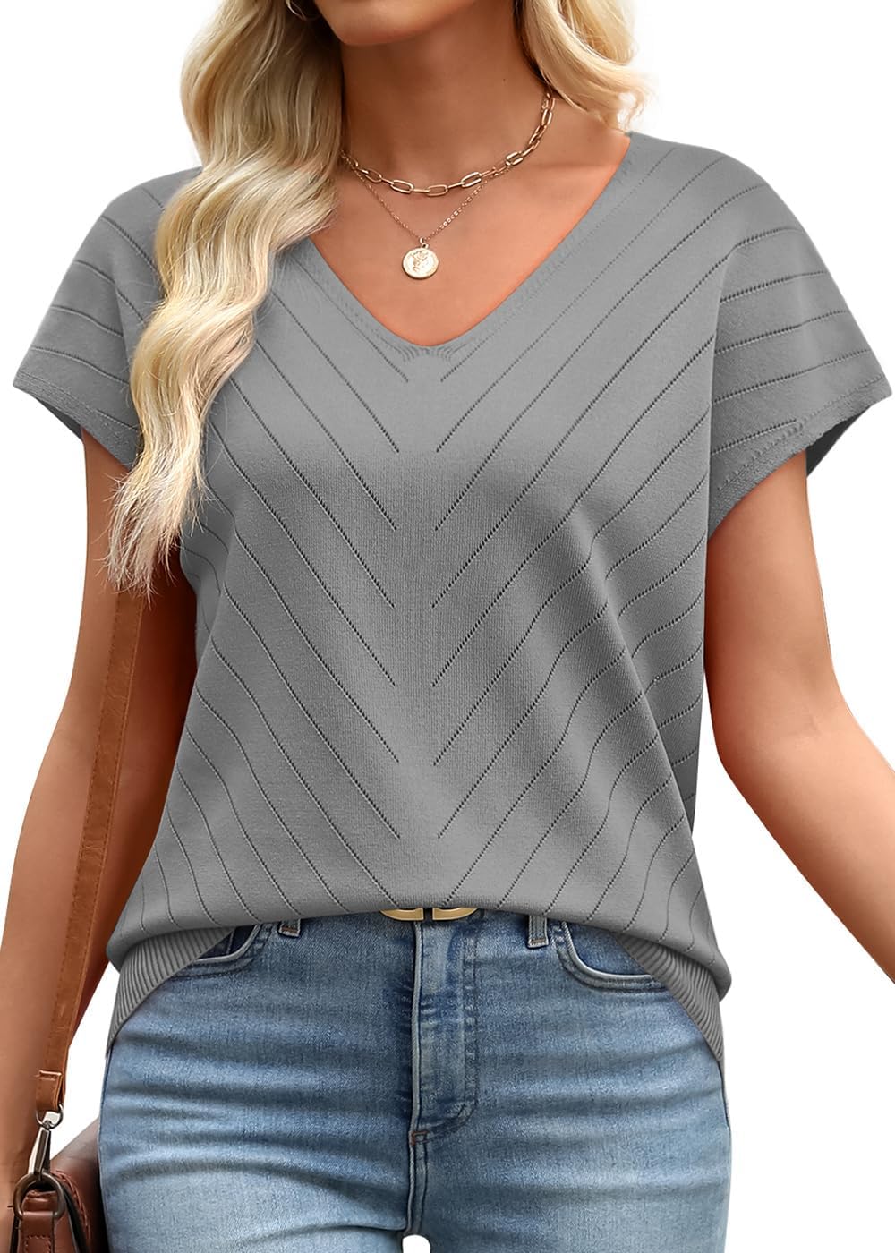 WIHOLL Short Sleeve Sweater for Women V Neck Trendy Summer Tops 2026 Beach Vacation Clothes Travel Business Casual Outfits thumbnail