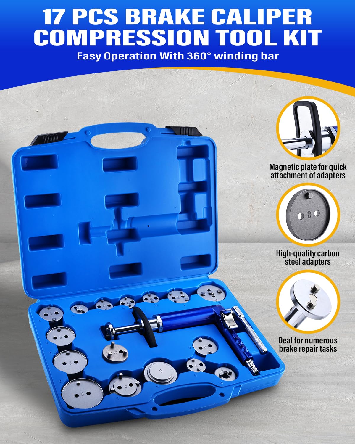 BOOMSTART 17-TLG. Pneumatischer Bremskolbenrücksteller Satz - Universal Druckluft Bremskolben Rücksteller Werkzeug für L/R Drehrichtung mit 16 Adaptern - für PKW Bremswartung