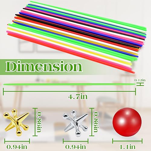 Miniatura 2 de ZeeDix Juego de 180 palos de recogida con 3 juegos de gatos de metal retro, incluye 3 bolas de goma rojas y 30 gatos de metal dorado y plateado,