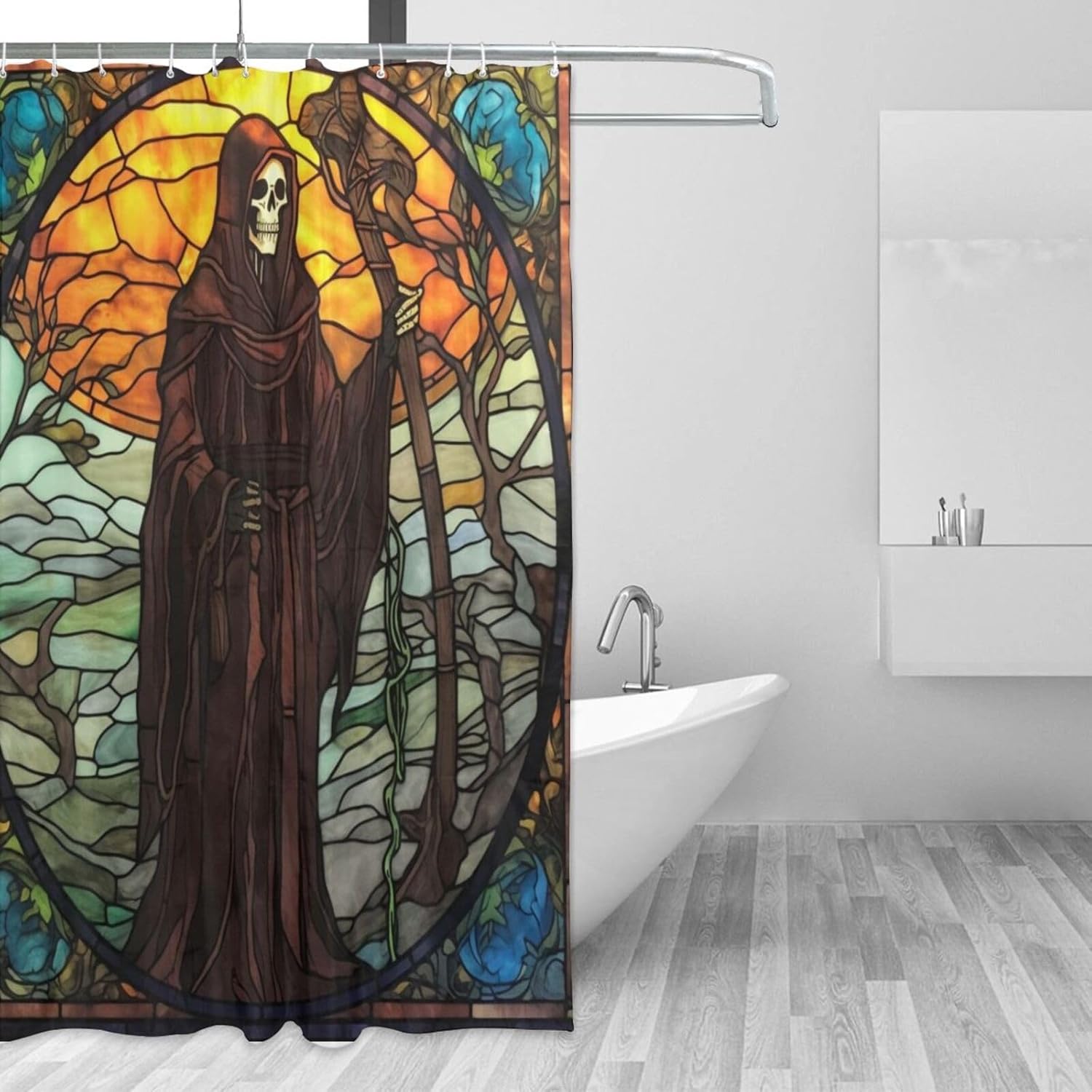 Death Skull Shower Curtain for Bathroom, Black Glass Art Boho Shower Curtain Set, Abstract Fabric Modern Waterproof Bathroom Decor with 12 Hooks 72x72in YLATY5719