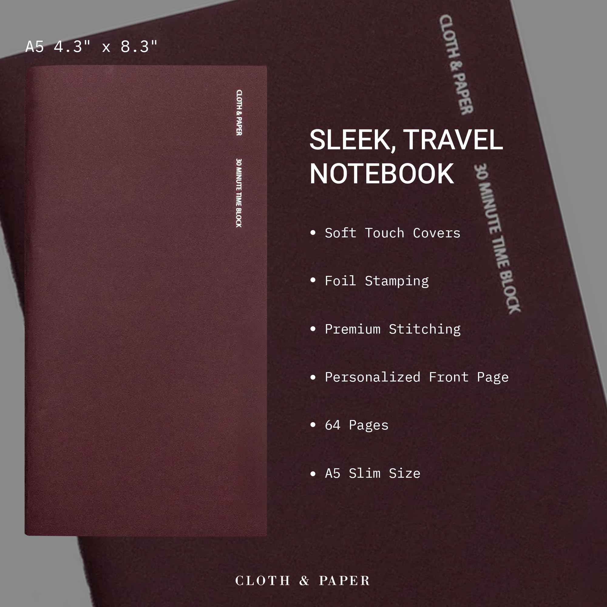 Cloth & Paper Taccuino da viaggio | Planner con blocco del tempo – Bordeaux | Agenda giornaliera sottile A5 10,9 x 21,1 cm | Layout a blocchi di tempo di 30 minuti per pianificazione, pianificazione e