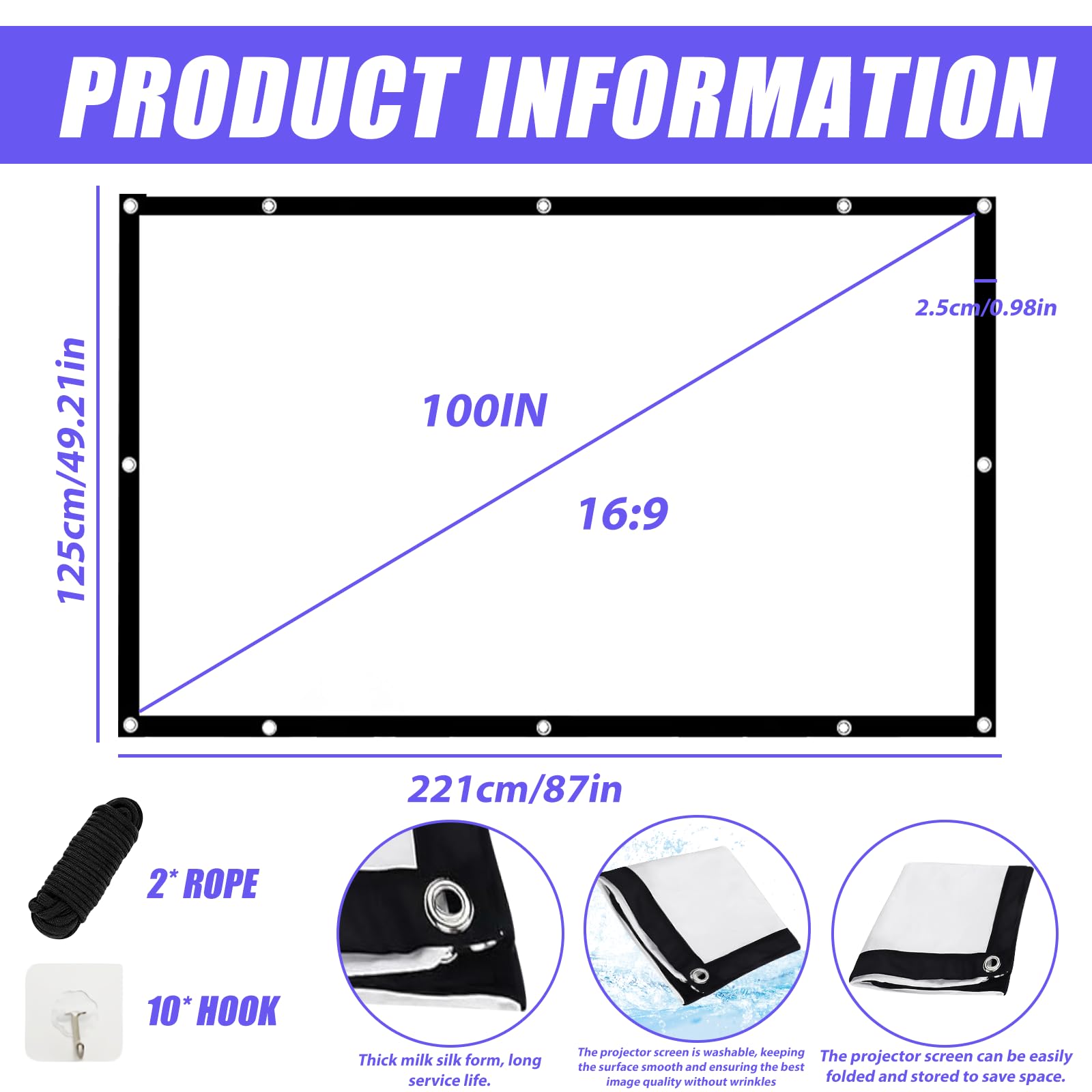 Pantalla de proyección plegable de 100 pulgadas: 16:9 HD/4K proyector, lienzo optimizado para interiores y exteriores, portátil lavable con cuerdas de gancho para cine en casa, camping y