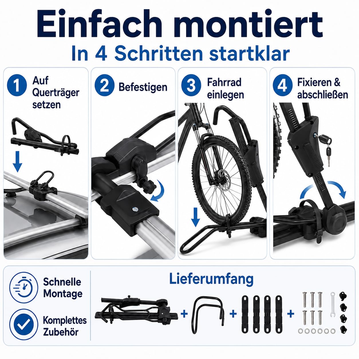Fahrrad Dachträger E-Bike mit Diebstahlschutz für Auto SUV bis 38 Zoll | Mit Doppelverriegelung und Vierpunkt-Befestigung Einstellbare Höhe 75-98cm für sicheres Transportieren