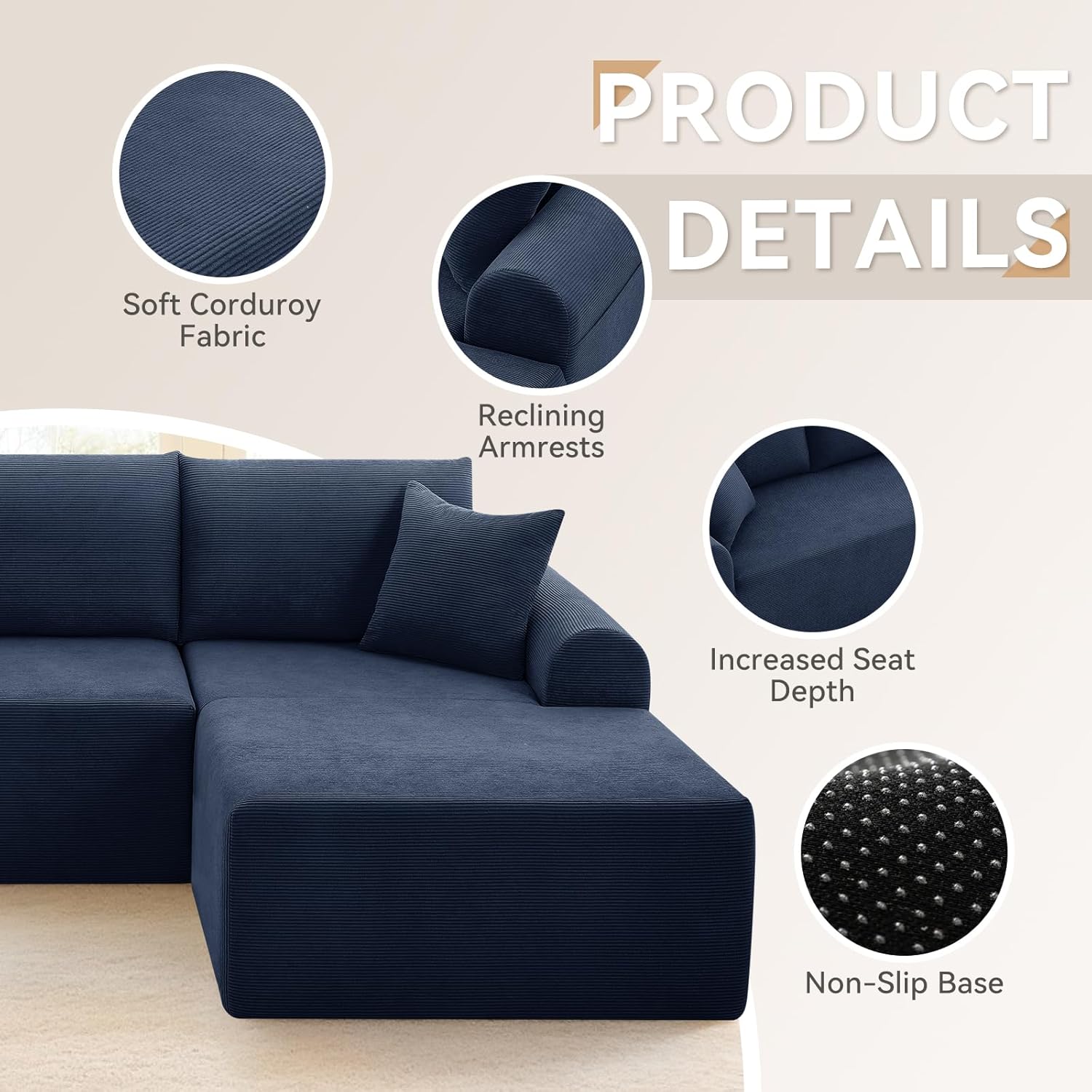 Modular Sectional Sofa with Chaise, Cloud Sectional Couch with Deep Seat, Modular L-Shape Sofa Corduroy Boneless Couch for Living Room,Bedroom,No Assembly Required(Navy Blue, Right Facing Chaise)