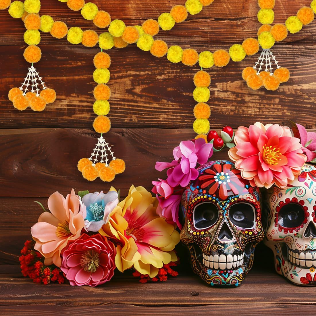 Day of the Dead Marigold Garland, 60 Inch Artificial Orange & Yellow Flower Hanging Garland with Tassels - Image 4