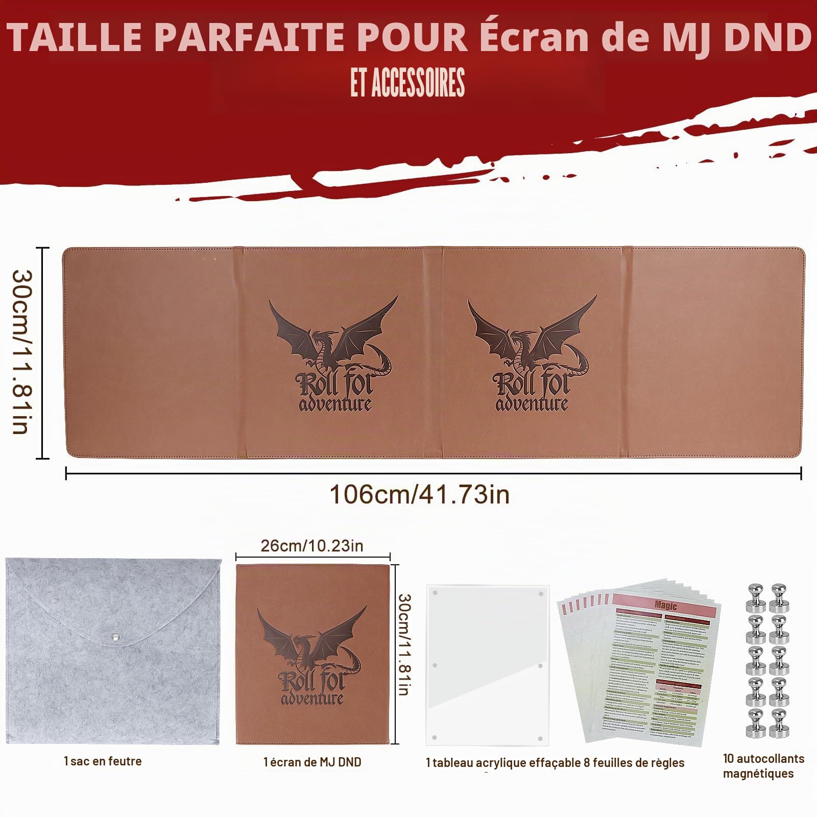 DND DM Screen 5e Dungeon Master Screen, Deluxe Leather 4-Panel Customizable Magnetic Panel Game Master Screen, donjons et Dragons, Accessoires de Jeu de rôle de Table