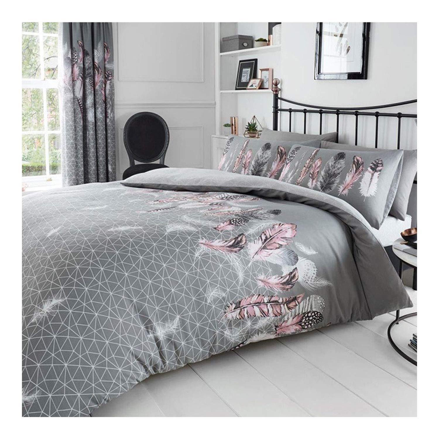 FAIRWAYUK Grey Feathers King Size Duvet Cover Set - Poly Cotton Printed Bedding with Matching Pillowcase, Ultra Soft Breathable, Reversible Quilt Covers Set, Button Closure, 230x220cm