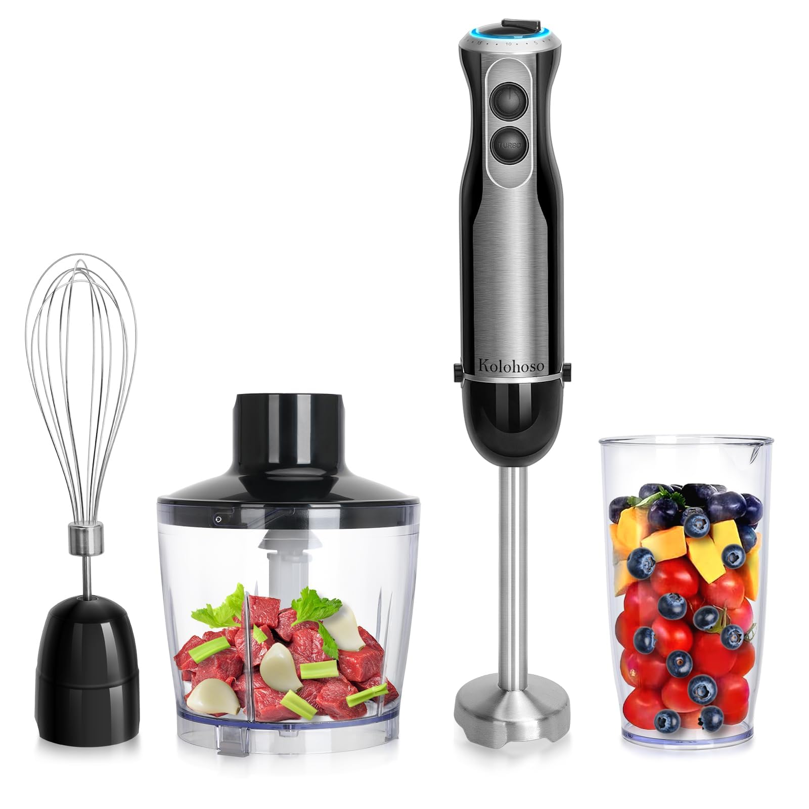 1500W Mixeur Plongeant Puissant 4 en 1 avec Mode TURBO & 20 Vitesses | Mixer Plongeur Lames en Acier Inoxydable Mixeur à Main Anti-Éclaboussures Fouet Verre Doseur 600 ml & Hachoir pour Smoothies