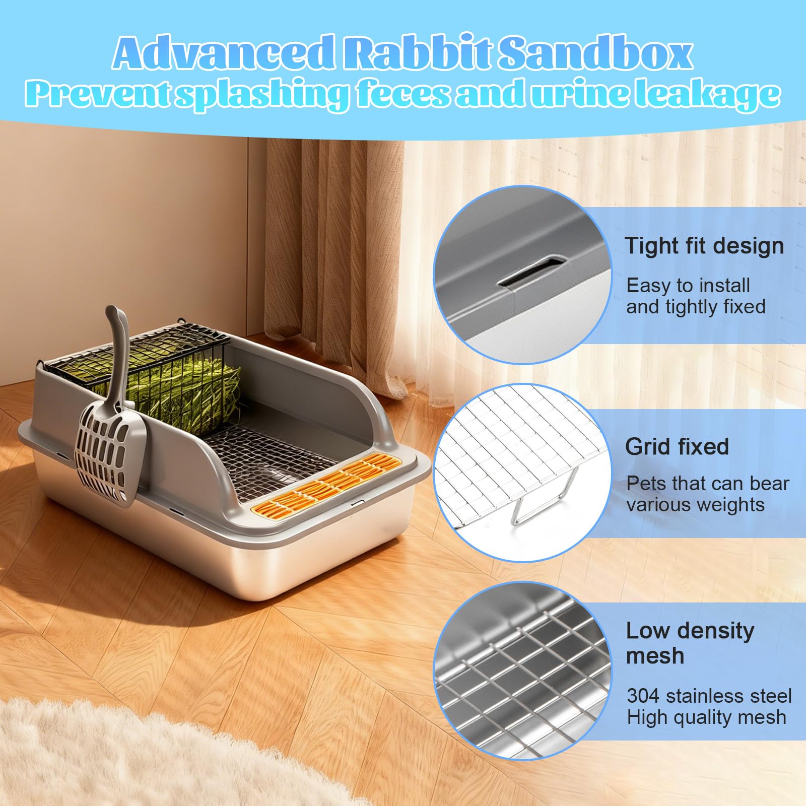 Stainless Steel Rabbit Litter Box w Hay Feeder and Litter Scoop, 19.7 x 13.8 x 7.9 Inch Large Litterboxes w Raised Grid, High Sided Kiter Box for Bunny, Guinea Pig, Ferret, Small Snimal, Hamster - image 2