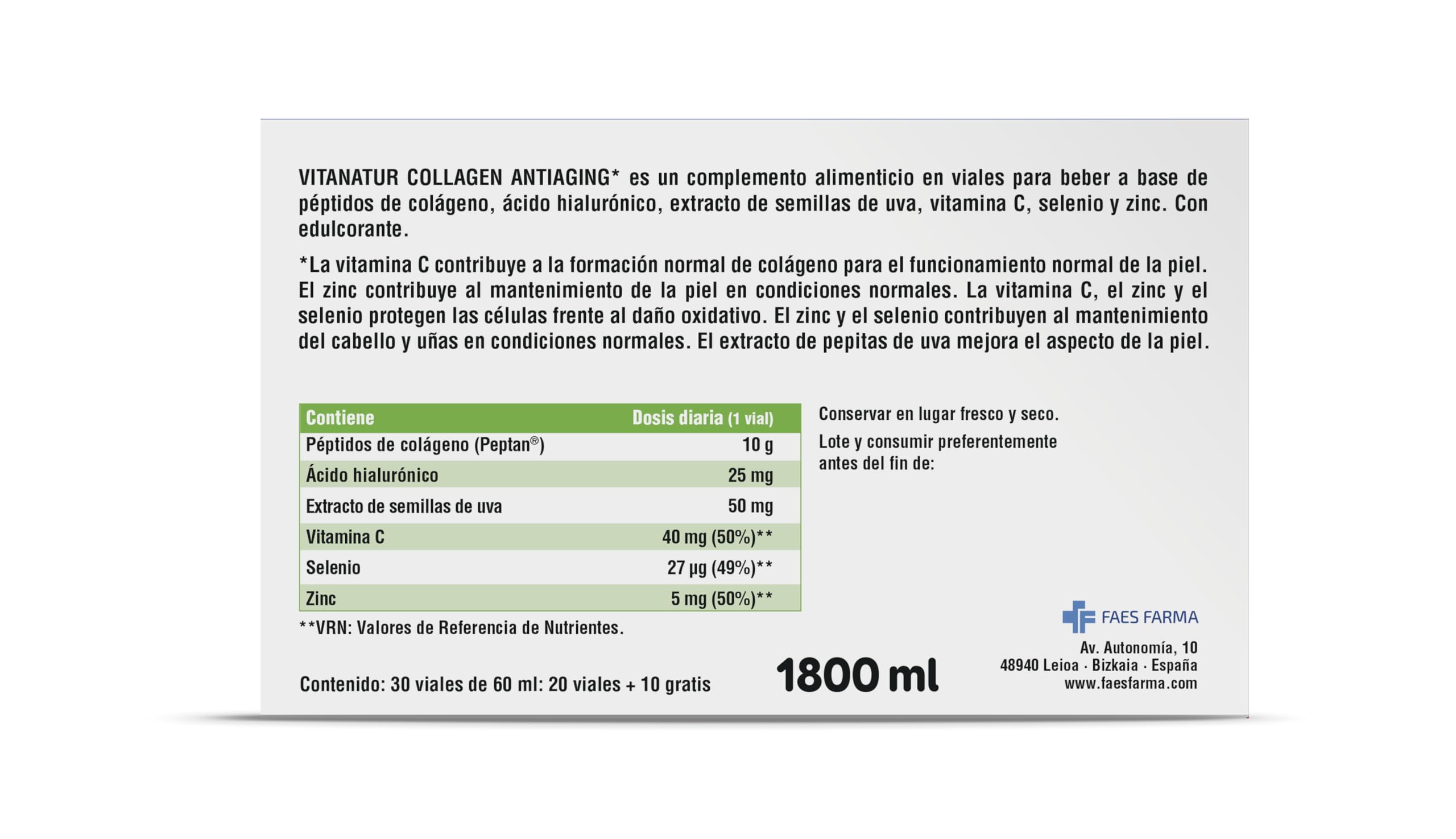 Vitanatur - Collagen Antiaging, Complemento Alimenticio, Ayuda a Mantener la Piel en Buen Estado, Acción Antiedad, Colágeno Hidrolizado, Ácido Hialurónico y Vitamina C, Sabor Frutos Rojos - 10 Viales