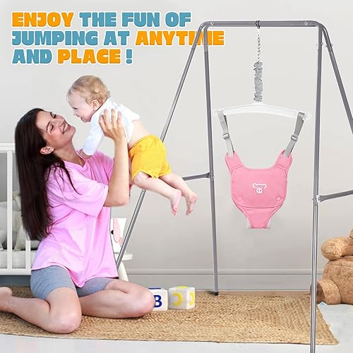 Miniatura 5 de Saltador de bebé con soporte, jerséis y gorilas, ejercitador para bebés de 6 a 24 meses, fácil de montar y almacenar para bebé (rosa)