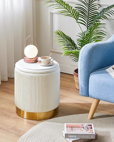 Miniatura 9 de IBUYKE Juego de 2 otomanas redondas de almacenamiento para dormitorio, taburetes de tocador con reposapiés de terciopelo, mesa auxiliar, otomana