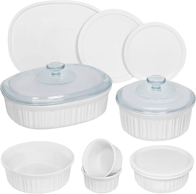 CorningWare French White 12 Piece Ceramic Bakeware Set | Microwave, Oven, Fridge, Freezer, and Dishwasher Safe | Resists Chipping and Cracking | Doesn't Absorb Food Odors and Stains
