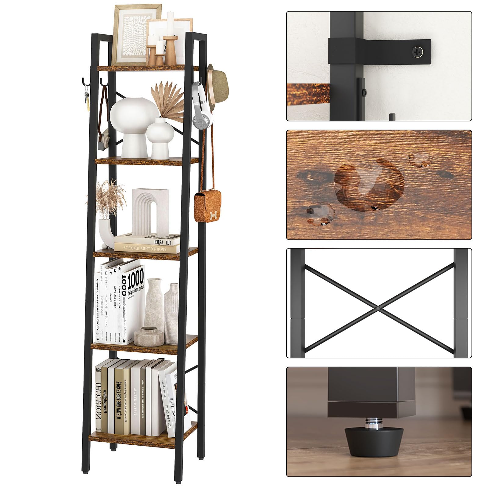 YMYNY Étagère Échelle, Hauteur 160CM Bibliothèque Industrielle à 5 Niveaux, Étagère de Rangement, Étagère à Livres avec Cadre en Métal, pour Salon, Cuisine, Marron Rustique HBC025H