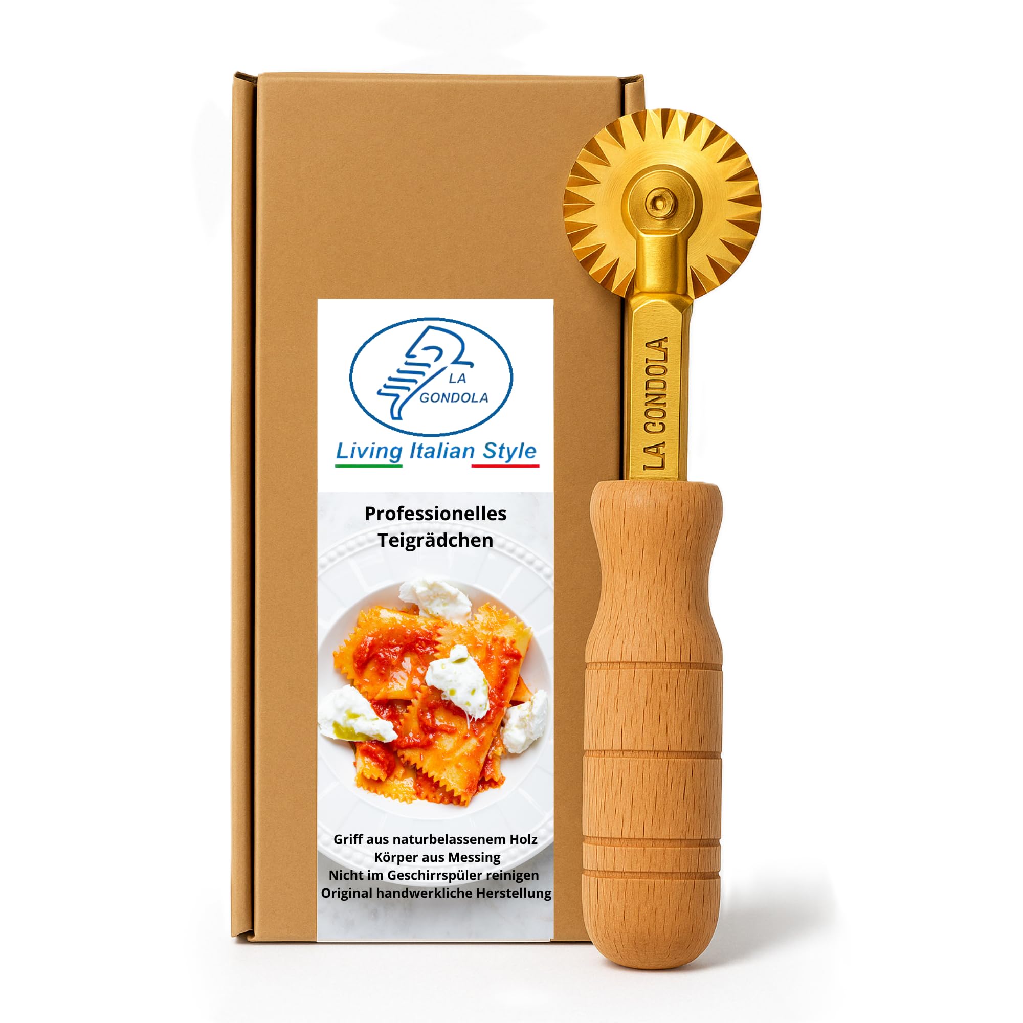 La Gondola Teigrädchen - Gewelltes Rad | Nudelwerkzeug für Zuhause und gewerbliche Küche | Messing & Naturholz | Sicheres & Einfach zu verwenden | Hausgemachten Ravioli Teigschneider Made in Italy