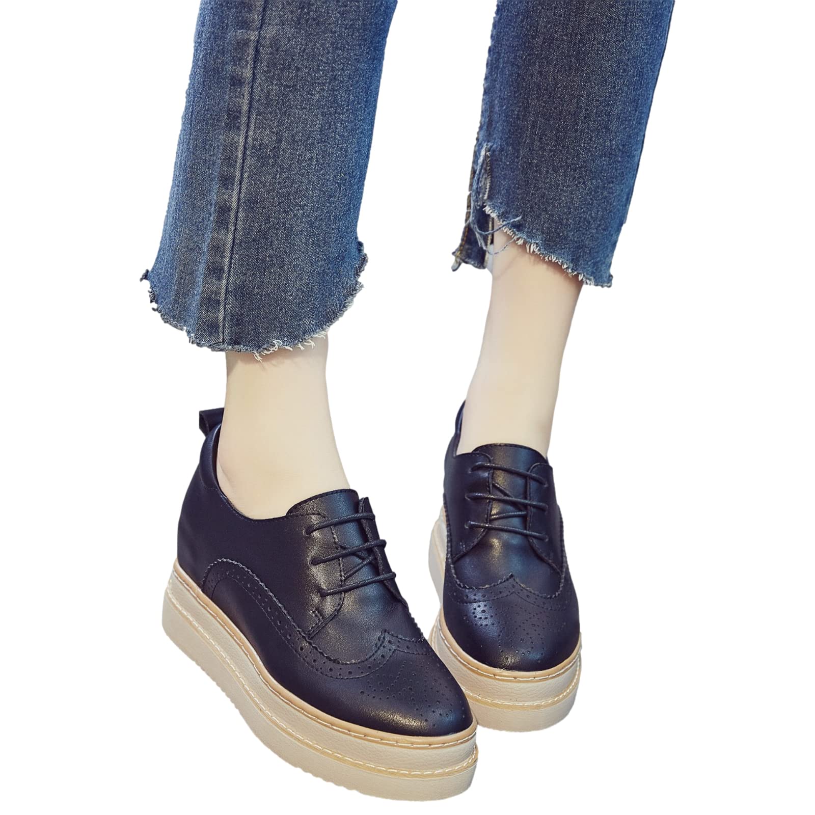 ANUFER Mujeres Piel Genuina Plataforma Tacón de Cuña Oculto Zapatillas con Cordones Acento Irlandés Ahuecado Casual Zapatos