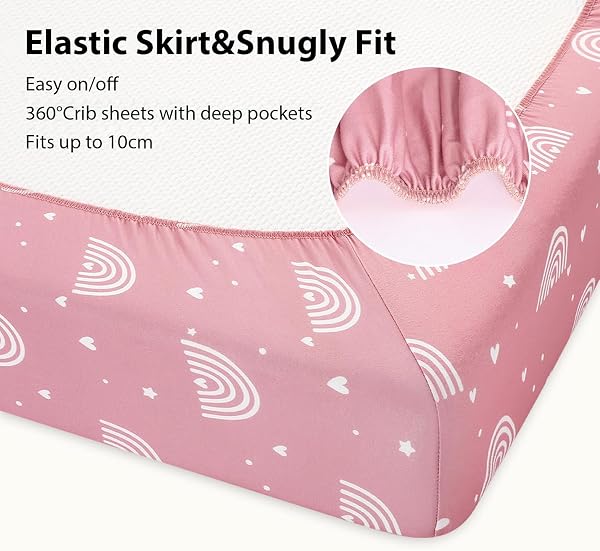 FIEMOL Next to Me Crib Sheets 85x51cm Fitted, 3 Pack Baby Cot Sheets, Ultral Soft & Silky Smooth Microfiber Bedside Crib Fitted Sheets Pink Rainbow - 5