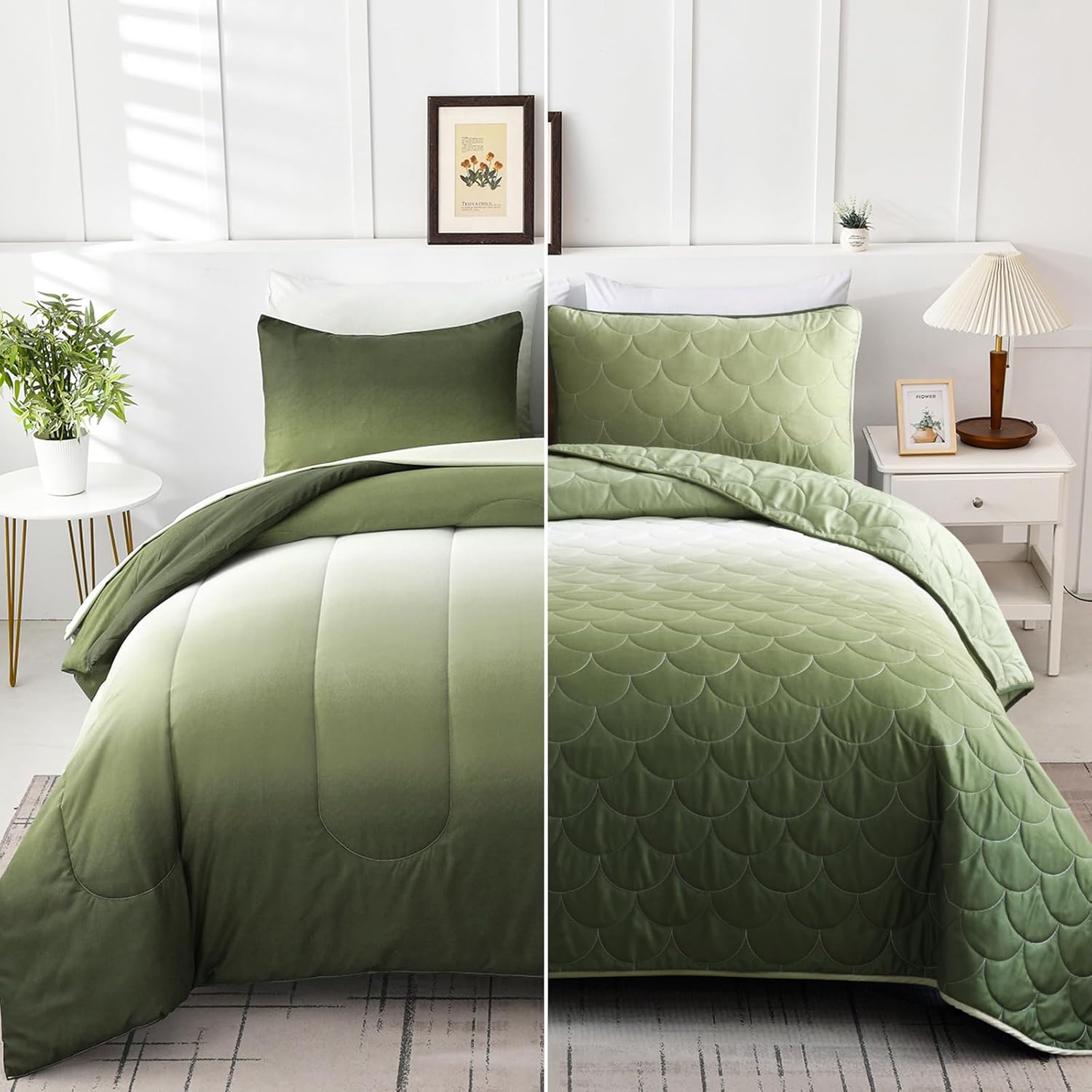 Anibedding Green Comforter Set Queen and Gradient Olive
