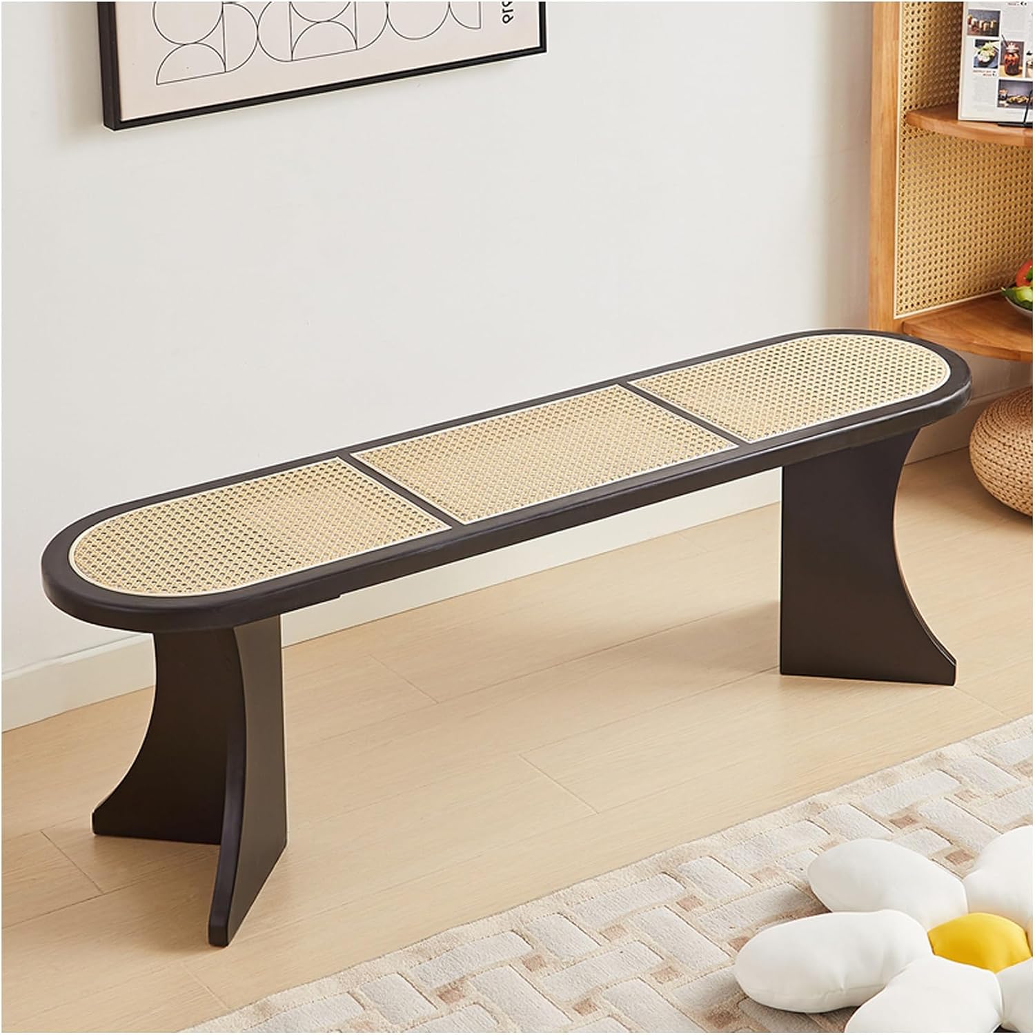 Modern Entryway Wood Rattan Bench Stool Farmhouse Dining Bench with Rattan Top Woven Bench End of Bed Bench for Bedroom Living Room Hallway Entryway Foyer Indoor(Black,140x35x45cm)